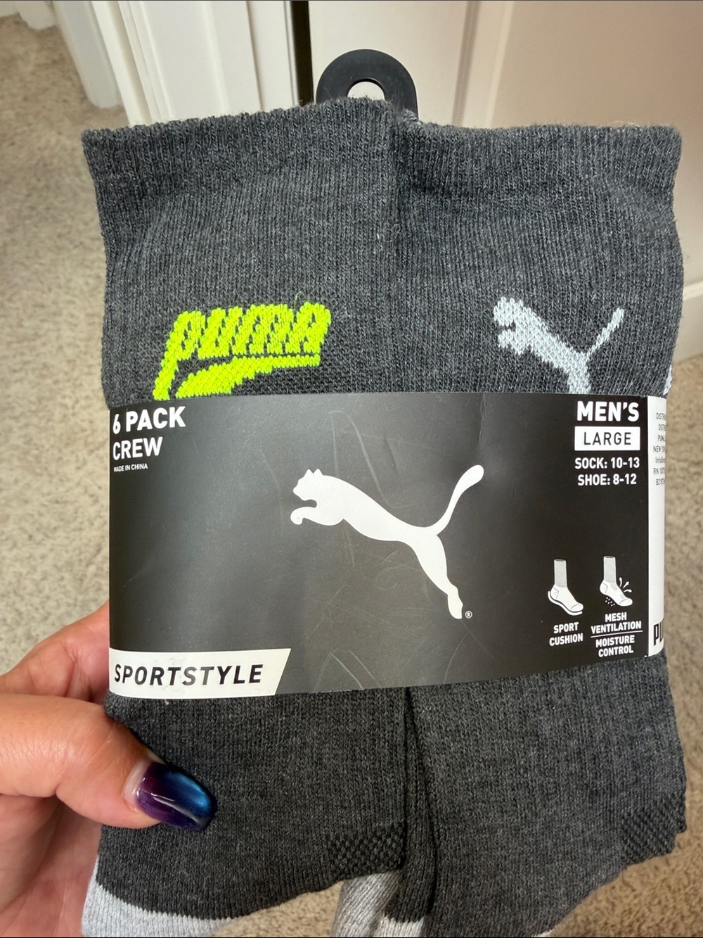 Puma Men's Dark Gray Crew Athletic Socks with Neon Yellow Logo - 6 Pack